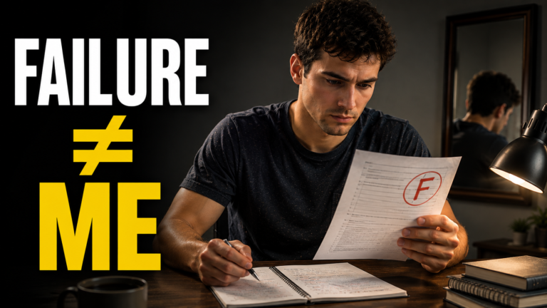 “Man examining a failed exam with an open notebook, illustrating that failure does not define self-worth.”